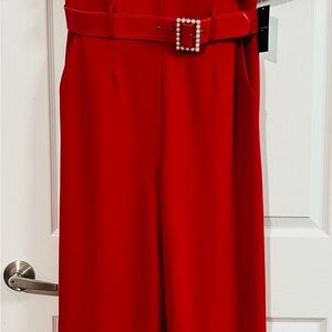 Tahari Red Wide Leg Pants with Pearl Buckle